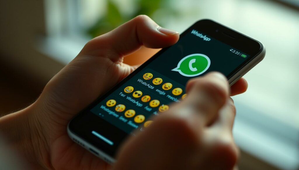 A brightly lit, high-resolution closeup of a person's hand using a smartphone, with the WhatsApp emoji reaction menu prominently displayed on the screen. The hand is grasping the phone with a natural, relaxed grip, and the fingers are poised to select an emoji. The scene is captured from a slightly elevated angle, creating a sense of intimacy and focus on the action. The background is blurred, placing the emphasis on the device and the user's interaction with it. The overall mood is one of simplicity, functionality, and ease of use, reflecting the straightforward nature of WhatsApp's emoji reaction feature.