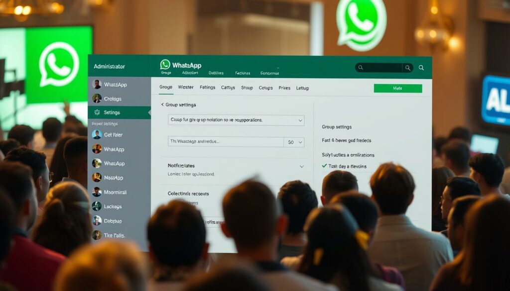 A bustling WhatsApp group chat interface, with the administrator tools and settings panel prominently displayed. The group members' avatars are visible, clustered around the center of the screen. Warm, ambient lighting casts a soft glow, creating a welcoming atmosphere. The group settings allow the administrator to manage permissions, notifications, and other customization options. The interface is clean, intuitive, and responsive, reflecting the user-friendly nature of WhatsApp's group management features.