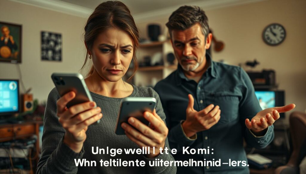 A chaotic family scene where parents struggle with technology. In the foreground, a mother holds a smartphone, her brow furrowed in confusion as she tries to navigate an unfamiliar app. Her husband stands beside her, hands gesturing helplessly. Behind them, a tangle of cords and electronic devices litters the living room, creating a sense of technological overwhelm. The lighting is warm and slightly hazy, conveying a homely, relatable atmosphere. The angle is slightly tilted, adding to the impression of a candid, real-life moment captured. The mood is one of gentle humor and exasperation, reflecting the section title "Ungewollte Komik: Wenn Eltern die Technik überfordert".