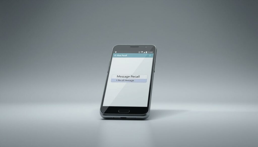 A clean, contemporary illustration of an Android smartphone screen displaying the "Message Recall" feature. The device is positioned in the foreground, set against a subtly blurred, monochromatic background that conveys a sense of sleek, minimalist design. The screen shows a clear, intuitive interface with a prominent "Recall Message" button, accompanied by relevant icons and UI elements. Soft, directional lighting highlights the device's metallic edges and glossy display, creating a sense of depth and precision. The overall mood is one of simplicity, functionality, and the empowerment of users to control their digital communications.