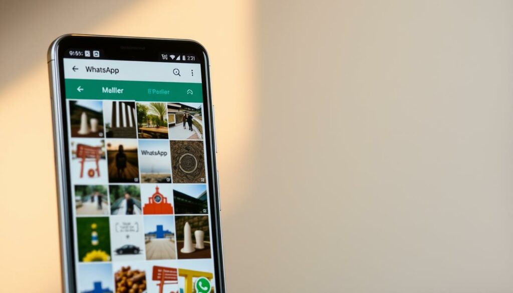 A clean, minimalist Android smartphone screen displaying the WhatsApp media management interface. The foreground features a grid of thumbnail images and videos, with clean icons and menus for sorting, filtering, and managing the WhatsApp media gallery. The middle ground shows a simple, uncluttered user interface with intuitive controls for toggling the visibility of WhatsApp media in the device's main photo gallery. The background is a soft, blurred gradient in shades of gray, lending a professional, focused atmosphere. Warm, natural lighting casts a subtle glow across the screen, accentuating the clarity of the visuals. The overall composition conveys a sense of efficient organization and seamless integration of WhatsApp's media management capabilities within the Android ecosystem.