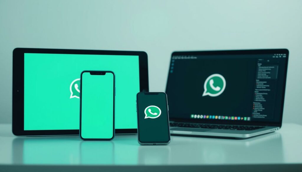 A clean, minimalist digital workspace featuring a variety of devices - smartphone, tablet, laptop - with the WhatsApp file sharing interface prominently displayed on each screen. The devices are arranged in a natural, organic composition, hinting at the seamless cross-platform file transfer capabilities. Soft, muted lighting creates a professional, high-tech ambiance, while subtle shadows and reflections add depth and realism. The overall scene conveys the ease and versatility of sending files across different platforms and operating systems.