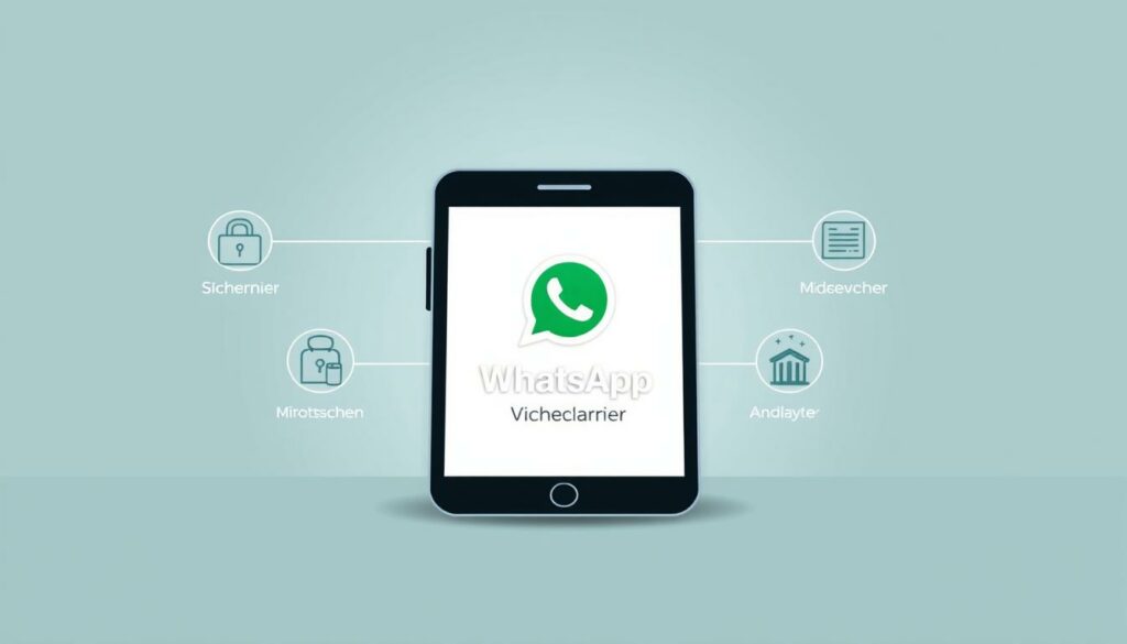A clean, minimalist illustration of "Sicherheitshinweise für WhatsApp". In the foreground, a smartphone display with the WhatsApp logo, surrounded by simple icons and symbols representing security and privacy features. The background is a plain, neutral gradient, emphasizing the core message. Soft, even lighting illuminates the scene, creating a calm, informative atmosphere. The composition is balanced and uncluttered, allowing the essential elements to shine. No additional text or overlays, just a clear, visual representation of the "Sicherheitshinweise" topic.