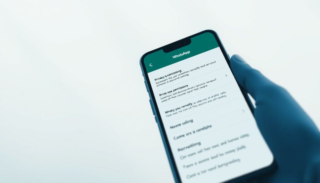 A clean, minimalist illustration of WhatsApp's privacy and permissions settings. In the foreground, a stylized mobile device displays the WhatsApp app interface, with an emphasis on the privacy and security options. The middle ground features a soft, muted background, subtly suggesting the importance of online privacy. Lighting is soft and diffused, creating a calming, professional atmosphere. The angle is slightly angled, providing an engaging, eye-level perspective. The overall mood is one of trust, security, and digital well-being, reflecting the section's focus on ensuring WhatsApp is set up responsibly.