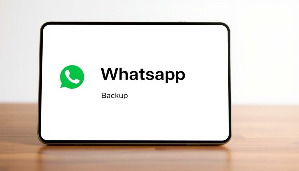 A clean, minimalist user interface showing the WhatsApp app with a prominent "Backup" option. The screen is set against a soft, blurred background, creating a sense of focus and clarity. The interface is rendered in a crisp, high-resolution style with attention to detail, showcasing the ease of setting up a WhatsApp backup. Soft, even lighting illuminates the scene, creating a calming and professional atmosphere. The camera angle is slightly elevated, providing an overview of the interface while maintaining a clear, unobstructed view.