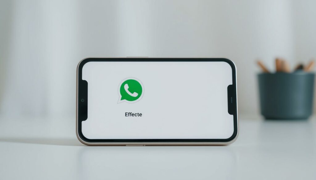 A clean, modern smartphone screen displaying the WhatsApp interface, with a prominent "Effekte" (Effects) menu option. The screen is set against a soft, slightly blurred background, conveying a sense of focus and clarity. The lighting is natural and diffused, creating a calm, inviting atmosphere. The camera angle is slightly elevated, giving the viewer a comfortable, eye-level perspective. The overall composition is balanced and visually appealing, drawing the viewer's attention to the key interface element.