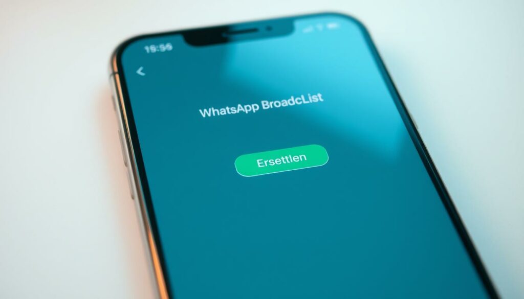 A clean, well-lit mobile device screen displaying the WhatsApp "Broadcast List" interface. The interface features a prominent "Erstellen" (Create) button in the center, surrounded by a polished, minimalist design. The screen is set against a soft, blurred background, emphasizing the digital nature of the subject. Subtle shadows and highlights create a sense of depth and dimension, while the overall composition conveys a sense of simplicity and functionality. The image evokes the efficiency and user-friendliness of the WhatsApp Broadcast feature for sending mass messages.
