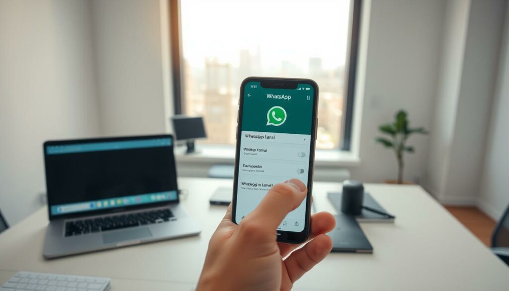 A clean, well-lit office space with a modern, minimalist aesthetic. On the desk, a smartphone displaying the WhatsApp interface, alongside a laptop and some office supplies. In the foreground, a hand holding a stylus is interacting with the smartphone screen, navigating the "WhatsApp Kanal" settings. The background features a large window overlooking a cityscape, bathing the scene in warm, natural light. The overall mood is one of productivity, efficiency, and a sense of accomplishment in setting up a new WhatsApp channel.