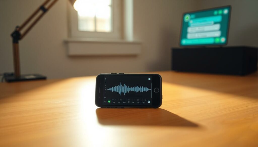 A clean, well-lit studio setting with a smartphone placed on a minimalist wooden desk. The phone's screen displays a waveform visualization, representing the audio quality and volume levels of a voice message. In the background, a blurred image of a WhatsApp chat window suggests the context of the scene. Warm, natural lighting illuminates the setup, creating a professional, focused atmosphere. The composition emphasizes the importance of optimizing voice recordings for seamless communication, in line with the article's subject and section title.