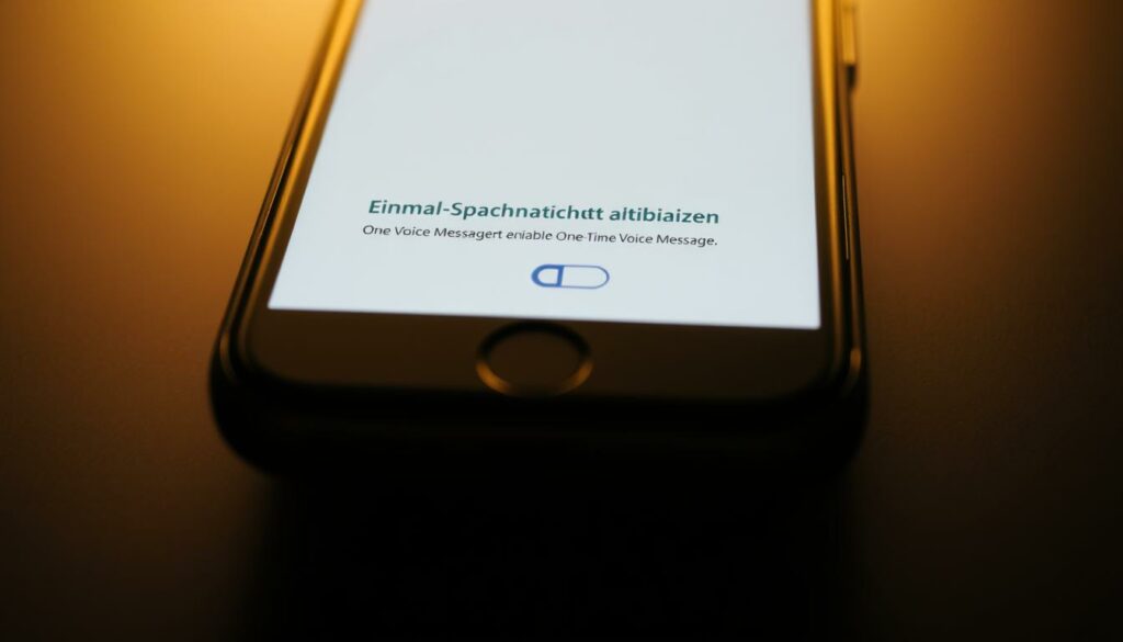 A close-up of a smartphone screen displaying the "Einmal-Sprachnachricht aktivieren" (Enable One-Time Voice Message) feature. The interface is clean and minimalist, with a simple toggle switch and a brief description of the functionality. The screen is bathed in soft, warm lighting, creating a sense of intimacy and privacy. The background is blurred, drawing the viewer's attention to the centered smartphone display. The overall mood is one of quiet contemplation, reflecting the "Mehr Privatsphäre" (More Privacy) theme of the section.