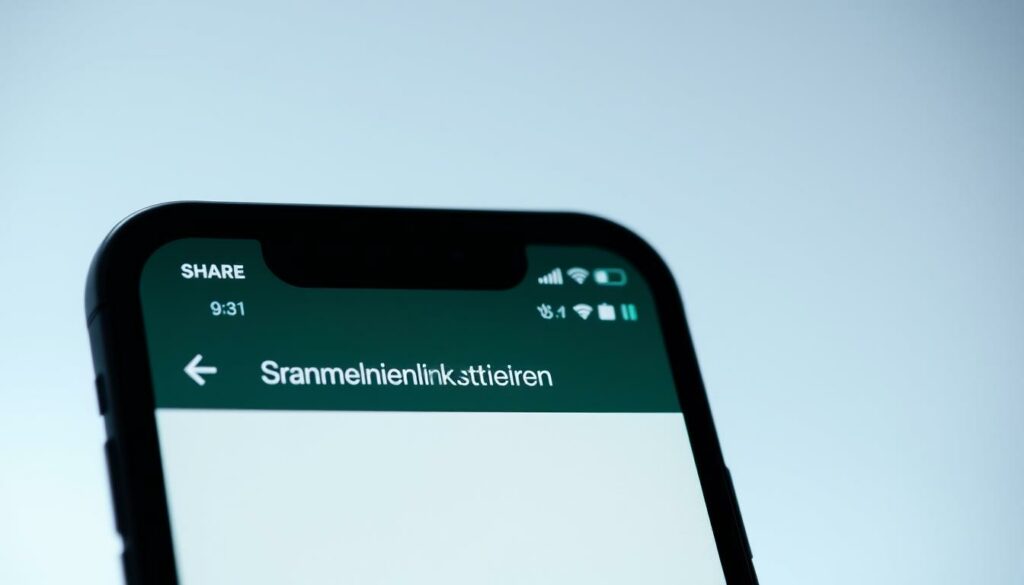 A close-up photograph of a smartphone screen displaying the WhatsApp group sharing interface. The screen shows a clean, minimalist design with a prominent "Gruppenlink teilen" button prominently displayed, inviting the user to share the group link. The background is blurred, creating a shallow depth of field and drawing the viewer's attention to the key interface element. The lighting is soft and even, accentuating the sleek, modern aesthetic of the app design. The camera angle is slightly angled, giving the image a sense of dynamism and emphasizing the interactive nature of the action being depicted.