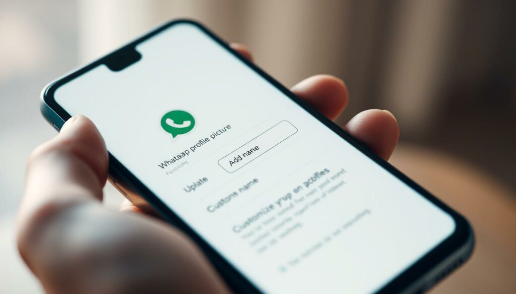A close-up shot of a smartphone screen displaying the WhatsApp profile settings interface. The screen shows options to upload a profile picture, add a name, and customize the account. The interface is clean and modern, with a simple color palette of whites, grays, and blues. The phone is held in a human hand, creating a sense of interactivity and user engagement. The lighting is soft and diffused, creating a warm and inviting atmosphere. The background is blurred, keeping the focus on the phone screen and the profile settings.