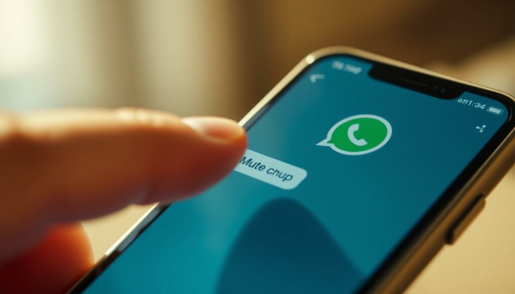 A close-up shot of an iPhone screen, displaying the WhatsApp app with a muted chat conversation in the foreground. The interface is clean and minimalist, with a serene blue-gray color palette. The user's finger is poised on the "Mute" button, conveying the action of silencing a group chat. The scene is bathed in warm, natural lighting, creating a sense of ease and simplicity. The background is blurred, keeping the focus on the phone's display and the intuitive user interaction.