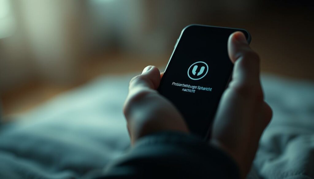 A close-up view of a person's hand holding a smartphone, the screen displaying a voice message icon. The background is blurred, with a muted, warm color palette to create a sense of focus and contemplation. Soft, diffused lighting illuminates the scene, casting gentle shadows and highlights on the hand and device. The overall mood is pensive, as the viewer is drawn to consider the implications of the "Problembehebung Sprachnachricht" situation.