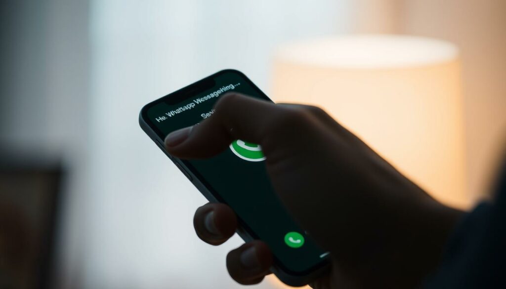 A close-up view of a person's hand holding a smartphone with the WhatsApp application open, the screen displaying a voice message recording interface. The scene is illuminated by soft, diffused lighting, creating a calming, focused atmosphere. The background is blurred, drawing the viewer's attention to the central action of reviewing the voice message before sending. The image conveys the step-by-step process of listening to a WhatsApp voice message prior to transmission, as described in the article section title.