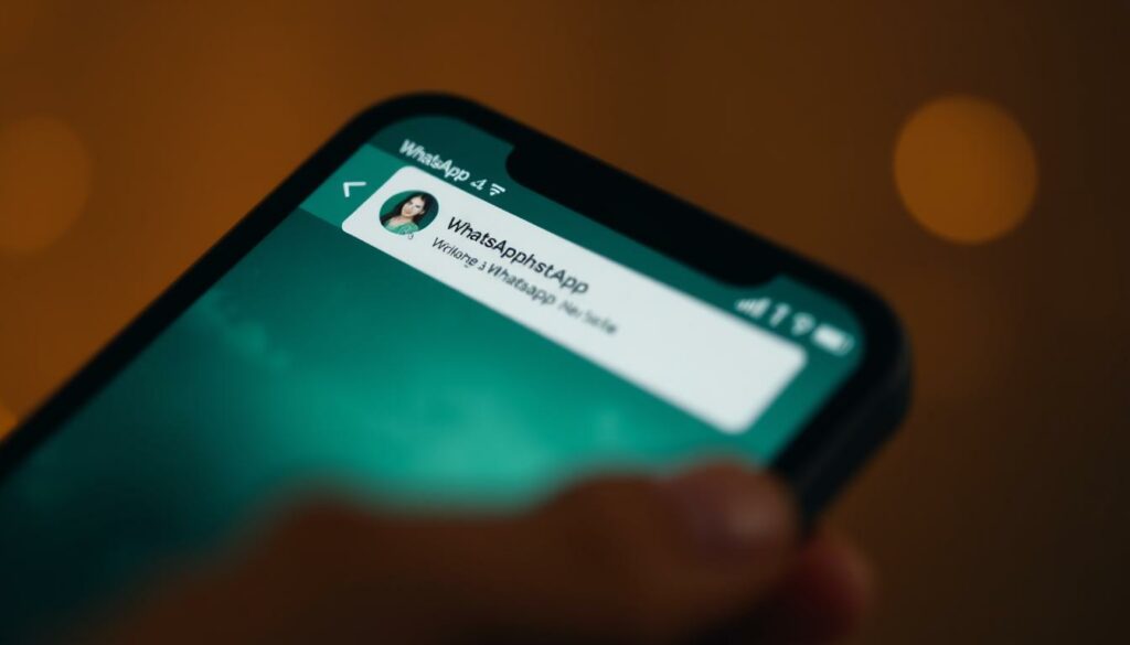 A close-up view of a smartphone screen displaying a WhatsApp chat window. The chat is pinned to the top of the screen, with the chat title and profile picture of the contact clearly visible. The screen is well-lit, with a soft, warm glow that creates a cozy, intimate atmosphere. The background is blurred, focusing the viewer's attention on the chat window. The phone is held at a slight angle, giving the image a natural, casual feel. The overall composition and attention to detail convey the steps of pinning a WhatsApp chat, as described in the section title.
