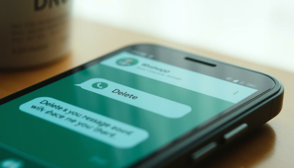 A close-up view of a smartphone screen displaying a WhatsApp conversation. The foreground features a set of message bubbles, with one bubble highlighted and the "Delete" option visible. The middle ground shows the app interface, including the chat title and user avatars. The background is slightly blurred, suggesting a clean, minimalist setting. The lighting is soft and diffused, creating a warm, inviting atmosphere. The overall composition emphasizes the act of deleting a single message, conveying the task's simplicity and user-friendly experience.