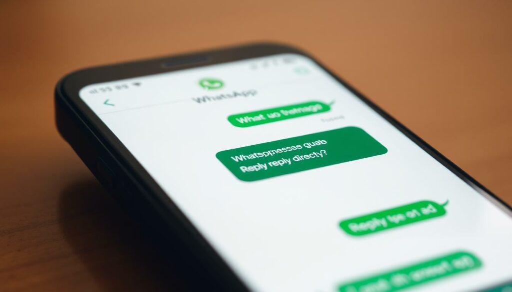 A close-up view of a smartphone screen displaying the WhatsApp messaging app, with a conversation window open. The foreground features a message being quoted, highlighted with a semi-transparent overlay, inviting the user to reply directly. The middle ground shows the conversation thread, with clean, minimalist UI elements. The background is slightly blurred, creating a sense of depth and focus on the quoted message. The lighting is soft and diffused, creating a warm, natural atmosphere. The angle is slightly elevated, providing an intuitive perspective for the user.