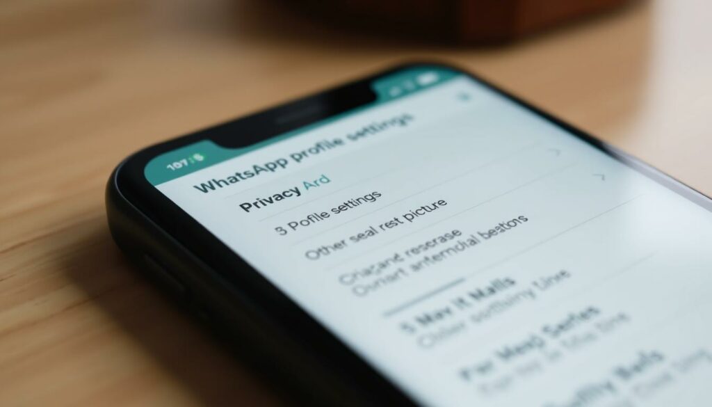 A close-up view of a smartphone screen displaying the WhatsApp profile settings menu, with a focus on the "Privacy" section. The screen shows various options for controlling who can see the user's profile picture, status, and other personal information. The interface is clean and minimalist, with clear icons and text labels. The scene is well-lit, with soft, diffused lighting that highlights the details of the screen. The background is blurred, drawing the viewer's attention to the profile settings interface.
