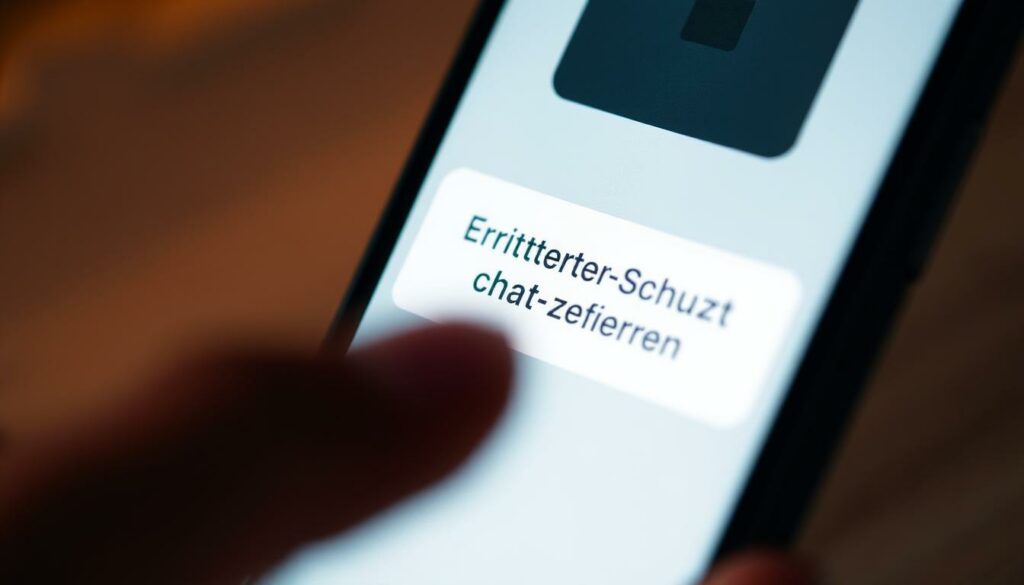 A close-up view of a smartphone screen with a user interface element labeled "Erweiterte Chat-Schutz aktivieren". The screen is illuminated by a soft, warm light, creating a comfortable and inviting atmosphere. The background is slightly blurred, subtly drawing the viewer's attention to the main subject. The interface design features clean, modern typography and intuitive iconography, suggesting a user-friendly and secure messaging experience. The overall composition conveys a sense of digital privacy and personal control over one's online communication.