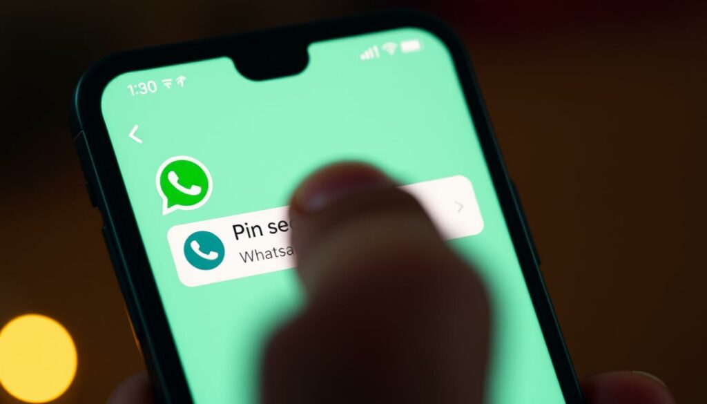 A closeup shot of a smartphone screen displaying a WhatsApp chat, with the "Pin chat" option prominently featured. The user's thumb is hovering over the option, ready to secure the important conversation. The screen is illuminated by a soft, warm light, creating a cozy, focused atmosphere. The background is blurred, drawing all attention to the intuitive interface and the user's decisive action. The overall scene conveys the ease and convenience of pinning a cherished WhatsApp message for quick access.