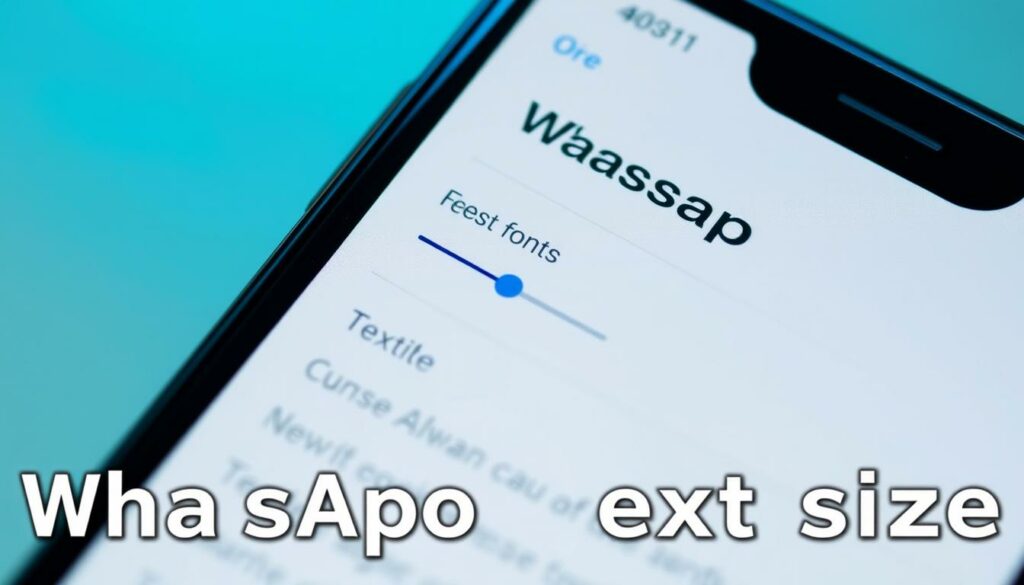 A closeup shot of a smartphone screen displaying the WhatsApp messaging app, with the text settings interface prominently featured. The screen shows options to adjust the font size, with sliders and buttons allowing the user to increase or decrease the text size. The interface is clean and minimalist, with a light, airy color scheme. The scene is illuminated by soft, diffused lighting, creating a warm, inviting atmosphere. The image focuses on the specific steps required to modify the WhatsApp text size, providing a clear visual guide for the article's readers.