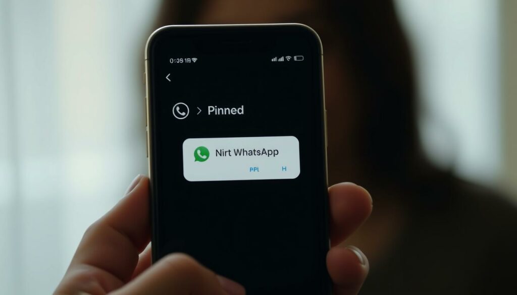 A closeup view of a mobile phone screen displaying a WhatsApp chat interface. The chat window is pinned to the top of the screen, with a prominent "Pinned" label or icon clearly visible. The phone is held in a human hand against a blurred, out-of-focus background, suggesting an intimate, personal setting. The screen is well-lit, with a soft, natural lighting that creates a warm, inviting atmosphere. The overall composition emphasizes the act of pinning a WhatsApp chat, showcasing the feature in a simple, yet visually striking manner.