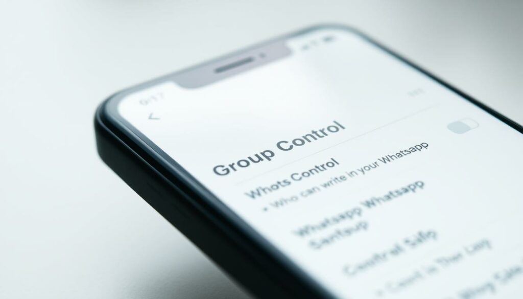 A closeup view of a smartphone screen displaying the WhatsApp settings menu, with the "Group Control" option prominently highlighted. The screen has a clean, minimalist design with a soft, muted color palette. The background is slightly blurred, drawing the viewer's attention to the foreground interface. The lighting is natural and diffused, creating a sense of depth and dimension. The angle is slightly tilted, giving the impression of an intuitive, user-friendly experience. The overall mood is one of simplicity, focus, and ease of use, conveying the idea of effortlessly controlling who can write in a WhatsApp group.