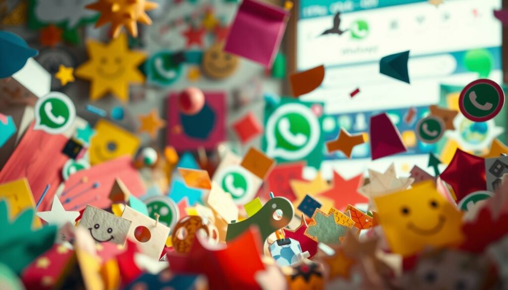 A collage of vibrant, creative designs inspired by the WhatsApp app. Colorful paper cutouts, geometric shapes, and playful illustrations dance across the frame, creating a dynamic and visually engaging composition. Soft lighting bathes the scene in a warm glow, adding depth and dimensionality. The foreground features a mix of hand-drawn and digital elements, while the middle ground showcases a mosaic of textures and patterns. In the background, a blurred, out-of-focus WhatsApp interface provides a subtle nod to the subject matter. The overall mood is one of playfulness, creativity, and a touch of digital whimsy.