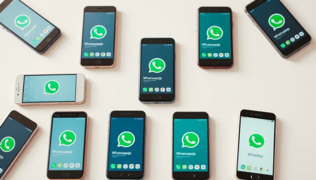 A collection of several smartphones, each displaying the WhatsApp user interface on their screens. The smartphones are arranged in a grid-like fashion, showcasing the visual differences between the Android and iOS operating systems. The devices are depicted in a well-lit, minimalist setting, with a soft, neutral color palette that complements the clean design of the smartphones. The lighting is diffused and natural, creating a sense of balance and harmony. The camera angle is slightly elevated, allowing for a comprehensive view of the various smartphone models and their distinct WhatsApp interfaces.