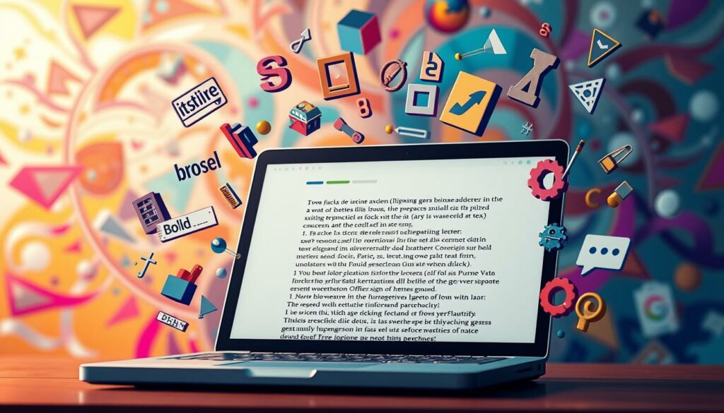 A colorful, highly detailed illustration showcasing various formatting tricks for text, such as bold, italic, underline, strikethrough, superscript, and subscript. The foreground features a laptop or computer screen displaying a text editor with the formatting options in use. The middle ground includes a collection of typographic elements, symbols, and formatting tools floating or hovering around the screen. The background depicts a vibrant, abstract pattern or design, creating a visually engaging and informative composition. The lighting is soft and diffused, giving the scene a warm, inviting atmosphere. The overall tone is one of exploration and discovery, reflecting the "Formatierungsgeheimnisse" (formatting secrets) theme.