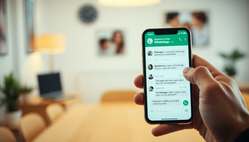A cozy WhatsApp chat interface with successful customer service dialog examples. In the foreground, two hands holding a smartphone, the screen displaying a polite and helpful exchange between a customer and a support agent. The middle ground features a blurred office environment, suggesting a professional context. The background has a warm, inviting color palette with subtle office decor elements. The lighting is soft and natural, creating a welcoming atmosphere. The composition emphasizes the digital exchange, conveying an efficient and productive customer service experience through WhatsApp.