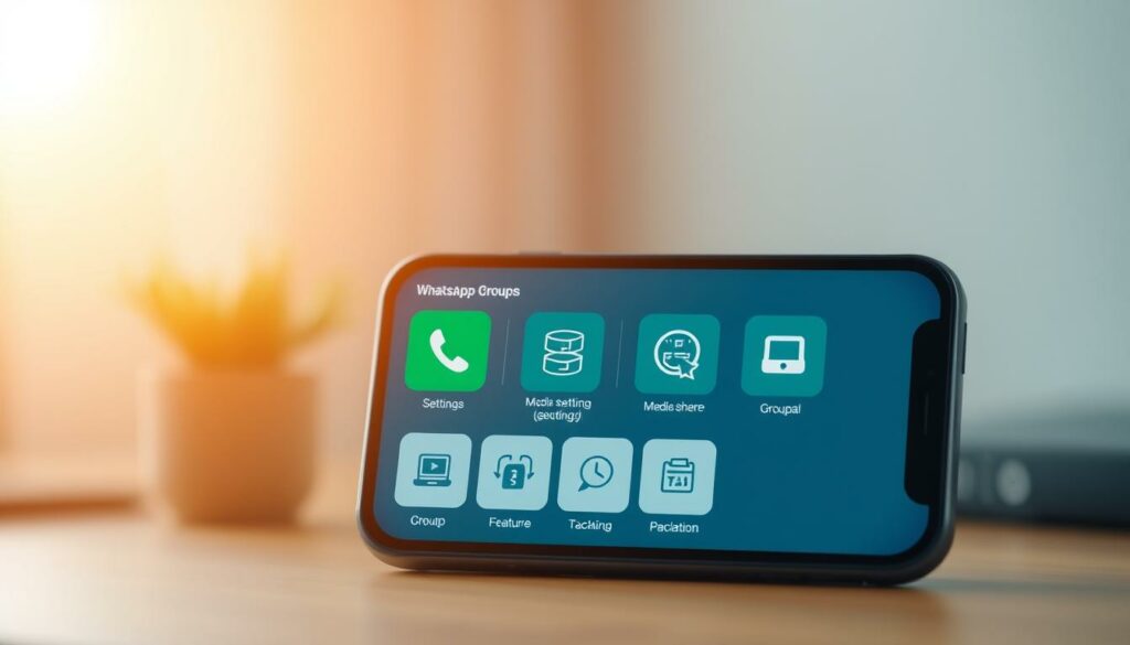 A cozy WhatsApp group interface showcasing various features and functionalities. The foreground depicts a mobile device screen with a group chat window, displaying a clean and intuitive user interface. The middle ground features a set of icons representing group management tools such as member settings, media sharing, and group information. In the background, a soft, blurred gradient creates a sense of depth and focus, emphasizing the digital nature of the scene. The overall composition conveys a warm, modern, and user-friendly atmosphere, reflecting the practical and useful features available within WhatsApp groups.