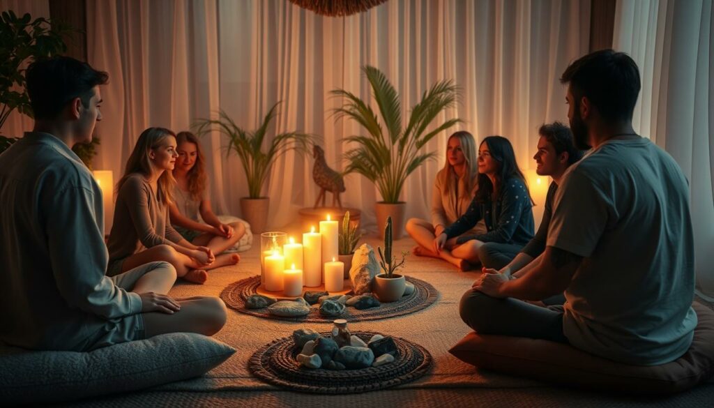 A cozy and intimate gathering of people engaged in a meaningful chat ritual. In the foreground, a circle of individuals sitting cross-legged on plush cushions, their faces illuminated by the warm glow of candles flickering in the center. In the middle ground, potted plants and natural elements like stones and crystals adorn the space, creating a serene and grounding atmosphere. The background is hazy, with soft lighting filtering in through sheer curtains, conveying a sense of privacy and introspection. The overall mood is one of connection, mindfulness, and a shared sense of purpose as the group partakes in their ritual.