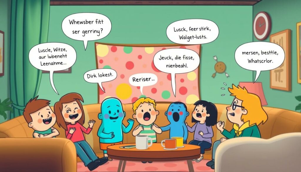 A cozy and playful scene of hand-drawn cartoon characters sharing a series of humorous jokes and quips, captured in a whimsical digital illustration. The foreground features a group of colorful, expressive figures in a variety of comical poses, their animated expressions and gestures conveying the lighthearted and amusing nature of the "lustige Witze". The middle ground showcases a vibrant, stylized background, with playful patterns, shapes, and textures that complement the playful mood. The overall composition is bathed in a warm, inviting lighting, creating a cheerful and engaging atmosphere perfect for a fun and stylish WhatsApp status update.