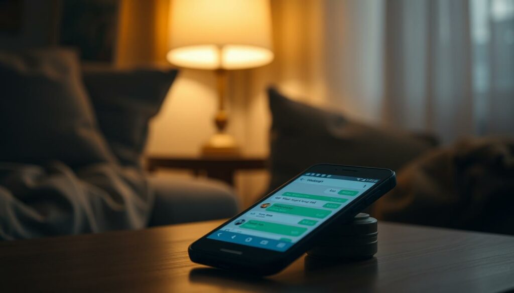 A cozy, dimly-lit room with a smartphone resting on a wooden table, its screen displaying a WhatsApp group chat interface. The smartphone's screen is slightly angled, revealing the "blue ticks" that indicate the recipient has read the messages. The background is blurred, creating a sense of privacy and intimacy. Soft, warm lighting from a nearby lamp casts a comforting glow, while the room's muted color palette evokes a sense of tranquility. The overall scene conveys the idea of personal space and the desire for privacy within the context of group messaging.