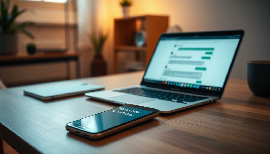A cozy home office setting, with a laptop open on a minimalist wooden desk, bathed in warm, diffused lighting. In the foreground, a smartphone rests on the desk, its screen displaying a messaging app interface with the words "Ganze Chats löschen" (Delete Entire Chats) prominently featured. The background is blurred, suggesting a sense of focus and intentionality. The overall atmosphere is one of efficiency and organization, inviting the viewer to consider the process of deleting WhatsApp conversations.