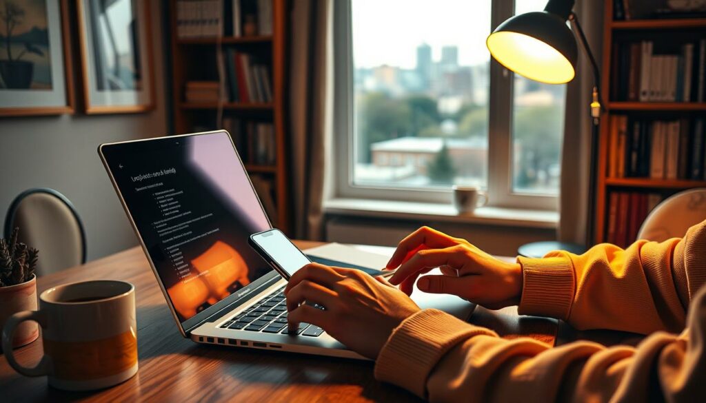 A cozy home office setting with a laptop, smartphone, and a coffee mug on the desk. A person's hands are typing on the laptop keyboard, transcribing audio from the smartphone. Warm lighting from a desk lamp casts a soft glow, creating a focused and productive atmosphere. The background features bookshelves, framed artwork, and a window overlooking a tranquil urban landscape. The scene conveys the practical application of turning spoken language into text, highlighting the convenience and efficiency of voice-to-text transcription.