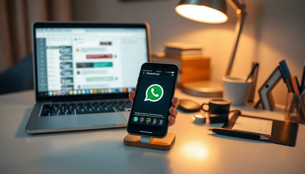 A cozy home office setup with a laptop, smartphone, and various productivity tools on a clean, minimalist desk. Warm lighting from a table lamp creates a focused, productive atmosphere. The background is blurred, keeping the attention on the device screens and organization tools. The scene conveys the idea of efficiently managing a WhatsApp chat, with the smartphone prominently displayed as the central focus.