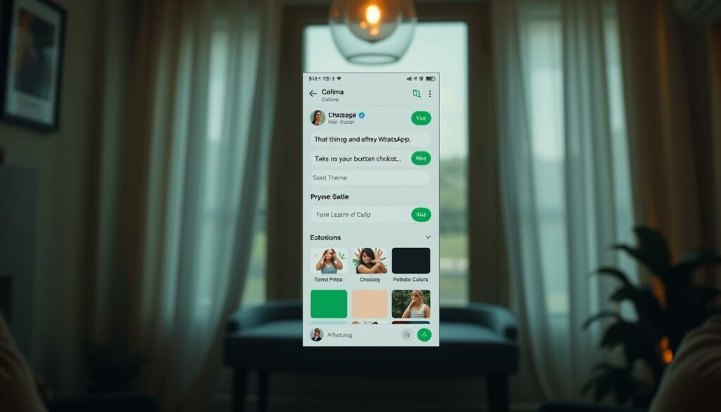 A cozy, well-lit WhatsApp chat interface showcasing a customized theme. The foreground features a clean, minimalist chat window with customizable elements like colored bubbles, font styles, and a personalized background pattern. The middle ground reveals a selection of theme options, allowing the user to explore various visual styles. The background subtly hints at the broader WhatsApp interface, with soft gradients and a sense of depth, creating an immersive and inviting atmosphere. The overall composition emphasizes the personalization and customization capabilities of the WhatsApp chat experience.