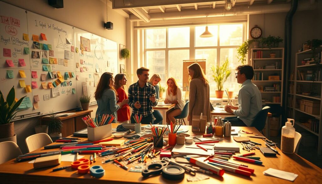 A cozy, well-lit creative studio setting with a large whiteboard on the wall covered in colorful markers, sticky notes, and hand-drawn sketches. In the foreground, a wooden table is scattered with an array of craft supplies - vibrant paints, scissors, glue sticks, and various materials for DIY projects. Warm, directional lighting casts a soft glow over the scene, creating an inviting and inspiring atmosphere. The middle ground features a group of people engaged in lively discussion, brainstorming ideas and collaborating on unique, personalized projects. The background has hints of a cheerful, modern office space with potted plants, shelves of books, and large windows letting in natural light. Overall, the image conveys a sense of creativity, imagination, and the collaborative energy of a group coming together to celebrate a special occasion.