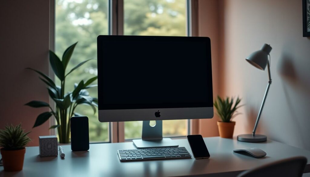 A cozy, well-lit home office setting with a computer monitor, keyboard, and smartphone prominently displayed on a clean, minimalist desk. The background features a warm, inviting atmosphere with a soft, blurred wall texture and a subtle, calming color palette. The desk is positioned in front of a large window overlooking a lush, green outdoor scene, allowing natural light to flood the space. The overall composition conveys a sense of focus, productivity, and the ability to personalize one's digital workspace.