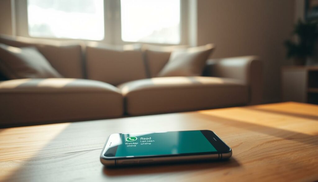 A cozy, well-lit living room setting with a smartphone resting on a wooden coffee table. The screen displays the WhatsApp interface, showing the "Read" confirmation and "Last seen" online status. Soft natural lighting filters through a large window, casting a warm glow on the scene. The background features muted, earthy tones, creating a calming and inviting atmosphere. The composition emphasizes the smartphone as the central focus, conveying the importance of these WhatsApp features in daily digital communication.