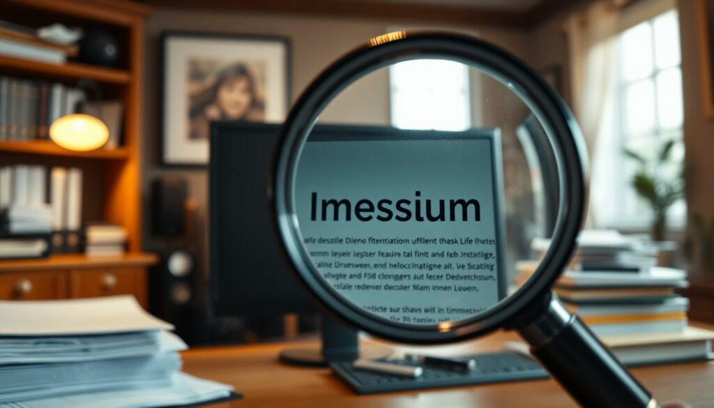 A cozy, well-lit office interior with a desktop computer, a stack of documents, and a magnifying glass on the desk. The foreground features the magnifying glass hovering over a web page, the focus clear and detailed, as if the user is carefully examining the "Impressum" or legal notice section. The middle ground shows the desk setup, with a tidy arrangement of office supplies, while the background depicts a warm, inviting atmosphere with a bookshelf or wall decor that suggests a professional, authoritative setting. The overall mood is one of diligence and attention to detail, with a sense of the user's dedication to verifying the authenticity and legitimacy of the website's information.