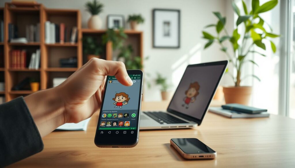 A cozy, well-lit office space with a laptop and smartphone on a wooden desk. In the foreground, a hand selects a GIF from a collection displayed on the smartphone screen. The GIF appears to be a humorous animated character reacting with excitement. The background features bookshelves, potted plants, and natural light filtering through a window, creating a warm and productive atmosphere. The composition emphasizes the seamless integration of digital media, conveying the ease of reusing GIFs within the WhatsApp messaging app.