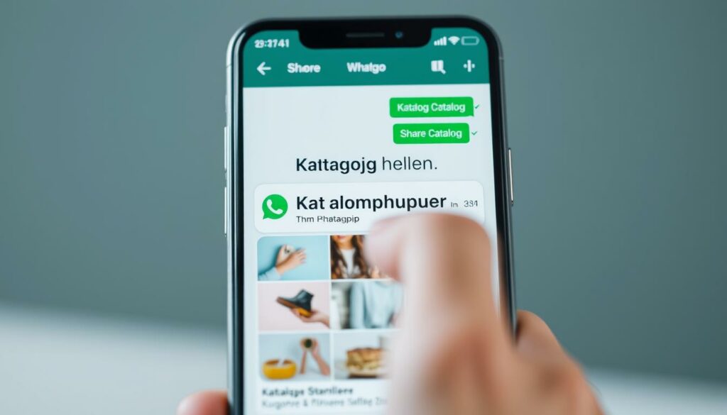 A crisp and clean shot of a smartphone screen showcasing the WhatsApp chat interface. The foreground depicts the user tapping on the "Katalog teilen" (Share Catalog) option, surrounded by a clean, minimalist UI with subtle WhatsApp branding elements. The middle ground features a product catalog with various items displayed, inviting the viewer to explore the shared offerings. The background is a blurred, soft-focus gradient, keeping the focus on the central action. The lighting is natural and diffused, creating a calm, professional atmosphere. The camera angle is slightly elevated, providing an optimal view of the workflow. Overall, the image conveys the ease and accessibility of sharing a product catalog directly within the WhatsApp chat.