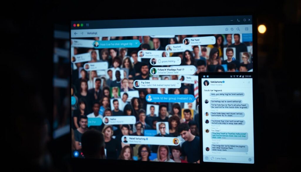 A crowded group chat window dominates the foreground, with multiple user avatars and message bubbles spilling across the screen. The background is blurred, hinting at the chaos and embarrassment of being unexpectedly added to a group conversation. Dramatic side lighting casts dramatic shadows, creating a sense of discomfort and unease. The composition is slightly off-center, adding to the unsettled, unintended feel of the scene. The overall tone is one of awkwardness and social anxiety, reflecting the "ungewollt" (unwanted) nature of the group invitation.