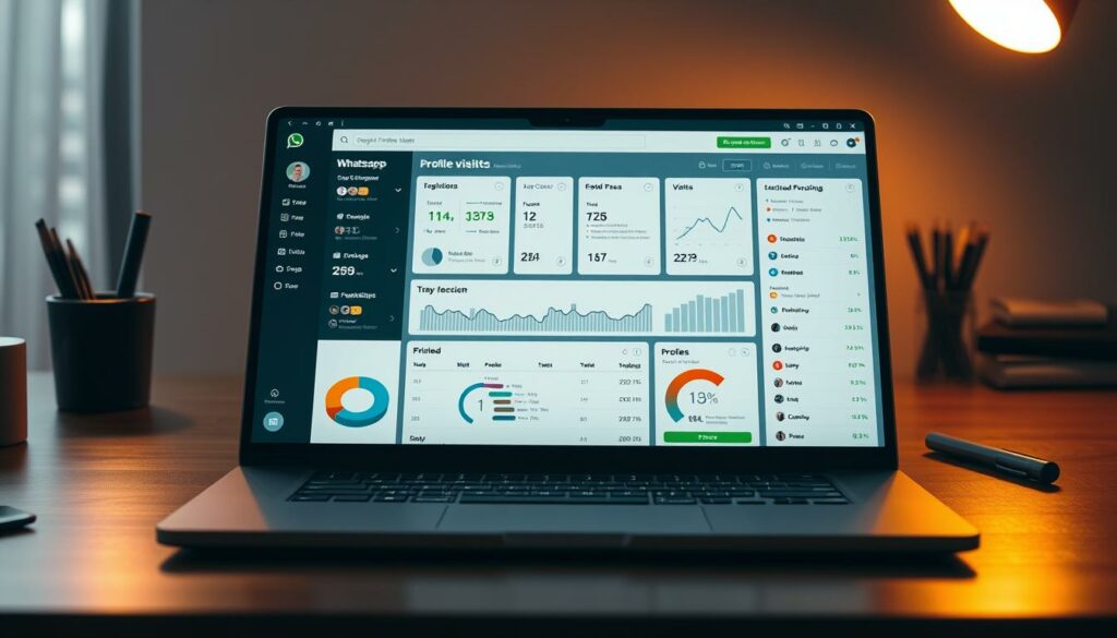 A detailed WhatsApp profile analysis dashboard displayed on a sleek, modern laptop screen. The interface showcases various metrics and insights about profile visits, with intuitive visualizations and interactive elements. The scene is bathed in a soft, warm lighting that emanates from the laptop, creating a contemplative atmosphere. The laptop is placed on a minimalist, wooden desk, with just a few other office supplies visible in the background. The composition is balanced and visually appealing, guiding the viewer's attention to the core of the analysis.