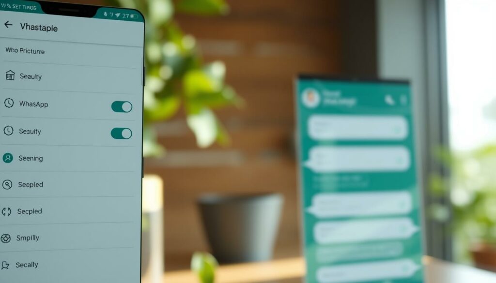 A detailed and finely-crafted screenshot of the WhatsApp privacy settings menu, showcasing the profile picture options. The foreground depicts the menu interface with clear labels and toggles, allowing the user to control who can see their profile image. The middle ground features a WhatsApp chat window, highlighting the visibility of the profile picture. The background provides a blurred, out-of-focus view of the overall WhatsApp application, conveying the context. Soft, natural lighting illuminates the scene, creating a serene and intuitive atmosphere. The image should be captured at a slight angle, giving it a sense of depth and interactivity. No distracting elements or overlays should be present, allowing the viewer to focus on the privacy settings and their relation to the profile picture.