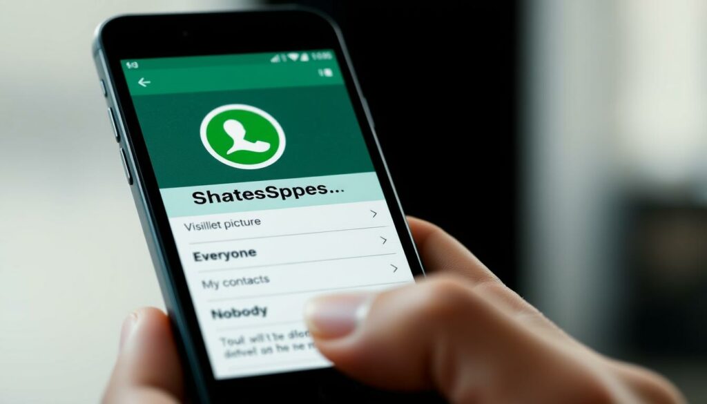 A detailed and professional-looking illustration of a smartphone screen, showcasing the WhatsApp profile picture visibility settings. The foreground features the WhatsApp app interface with a focus on the profile picture and privacy options. The middle ground highlights the various visibility choices, such as "Everyone", "My Contacts", and "Nobody". The background subtly blurs to emphasize the interface, creating a clean and minimalist composition. The lighting is soft and natural, with gentle shadows accentuating the interface elements. The camera angle is slightly elevated, providing a clear and unobstructed view of the smartphone screen. The overall mood is informative and visually appealing, suitable for an article on WhatsApp tricks.